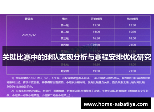 关键比赛中的球队表现分析与赛程安排优化研究